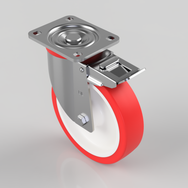 Swivel caster wheel with red rubber tire and built-in brake mechanism.