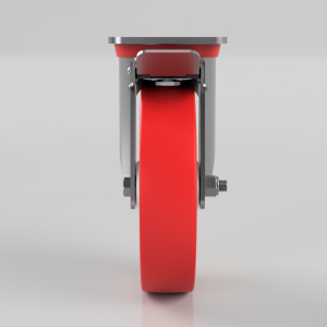 Front view of a single red wheel mounted on a gray metal caster with bolts and hardware.