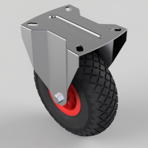 Heavy-duty caster wheel with a red hub, black tread, and a silver metal plate for mounting on equipment.