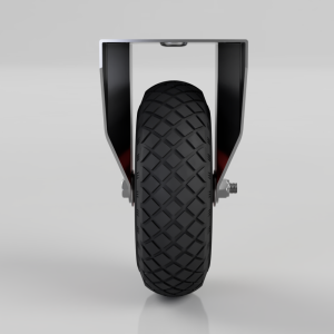 Front view of a single large black tire with diamond tread mounted in a metal fork with bolts on either side