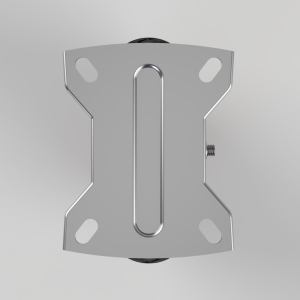 Bottom view of a silver metal mounting plate with a long central oval slot, four rounded pad cutouts, and a side screw.