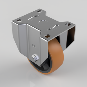 Metal caster wheel with orange polyurethane tire and a square mounting plate with four bolt holes, shown from an angled perspective.