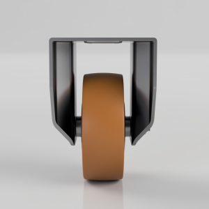 Caster wheel with brown polyurethane tire mounted in a gray metal fork, viewed from the front.