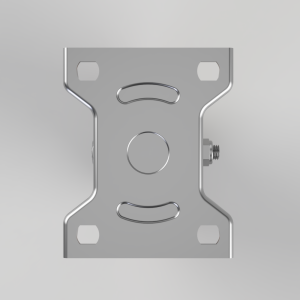 Top-down view of a silver metal mounting bracket with four corner holes, central circular hole, and a side bolt on the right.