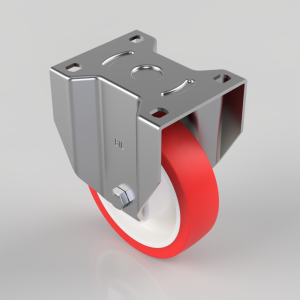 Metal caster with red polyurethane wheel and mounting plate for forklift-style furniture wheels