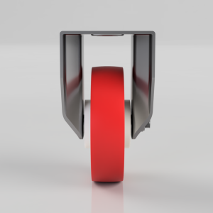 Front view of a red wheel mounted in a gray caster/bracket assembly for furniture or equipment.