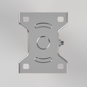 Metal mounting bracket with a central circular hole, four corner holes, and a side bolt; chrome-finished steel plate for mounting.