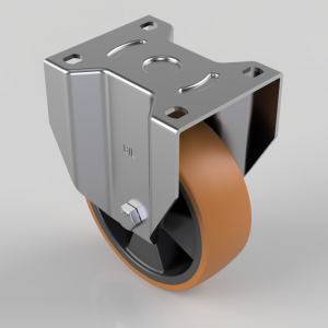 Caster wheel assembly with a silver mounting bracket and an orange polyurethane wheel for furniture or carts