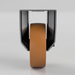 Close-up of an orange-brown caster wheel mounted in a black metal fork against a neutral background.