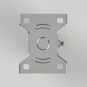 Front view of a silver metal mounting bracket with four corner cutouts, a central circular hole, curved reinforcing ridges, and a side bolt on the right.