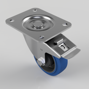 Blue Elastic Rubber 65ShoreA Plate Swivel Castor Brake 100mm 200kg Load