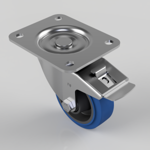 Blue Elastic Rubber 65ShoreA Plate Swivel Castor Brake 100mm 200kg Load