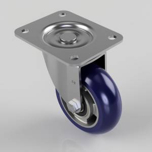Swivel caster wheel with gray mounting plate and blue polyurethane wheel seen from an angled perspective, for furniture or carts.