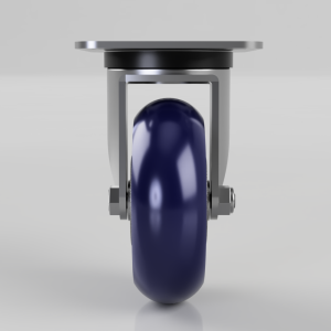 Blue caster wheel with a metal mounting bracket, viewed from the front against a light gray background.
