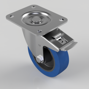 Blue Elastic Rubber 65ShoreA Plate Swivel Castor Brake 125mm 250kg Load