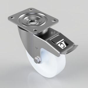 Swivel caster with a metal brake lever and four-hole mounting plate, white wheel underneath