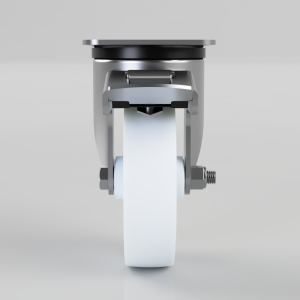 Front view of a swivel caster wheel with a white wheel, metal housing, and brake mechanism on the side.