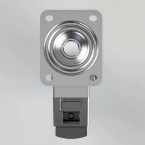 Circular metal push-button switch mounted on a rectangular plate with four mounting holes, showing a raised domed actuator and a small switch housing beneath it.