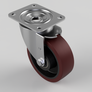 Swivel caster wheel with a square metal mounting plate and brown polyurethane wheel.