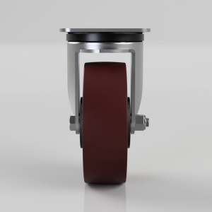 Swivel caster with a brown rubber wheel and a silver metal frame viewed from the front.