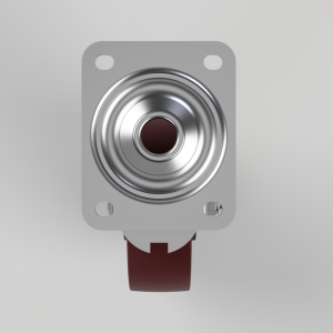 Metal push button switch with a round chrome actuator mounted on a gray square plate with screw holes on corners.