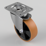Swivel caster wheel with orange polyurethane tread and metal mounting plate viewed at an angle.