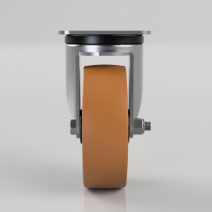 Front view of a swivel caster wheel with an orange-brown polyurethane tire and a silver metal frame against a gray background.