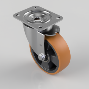 Swivel caster wheel with orange polyurethane tire and four-hole mounting plate, viewed from an angle.