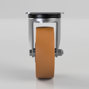 Front view of a metal caster wheel assembly with a brown polyurethane wheel and mounting bracket