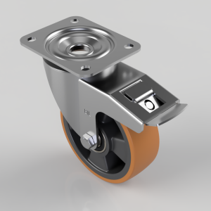 Swivel caster wheel with orange polyurethane tire and metal mounting plate with brake lever.