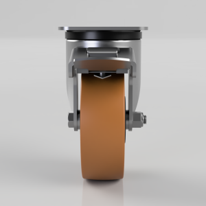 Front view of a metal caster wheel with a brown/orange wheel and a brake lever engaged, seen from the front.