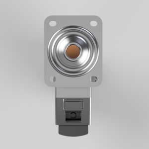 Metal push-button switch with square mounting plate and cylindrical actuator housing below it