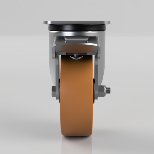 Front view of a swivel caster with an orange polyurethane wheel and metal housing on a neutral gray background