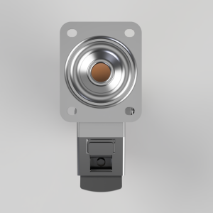 Pushbutton switch mounted on a rectangular metal panel with a circular, chrome actuator and a connector at the bottom.