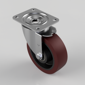Swivel caster wheel with a square mounting plate and four holes, brown polyurethane wheel, metal housing and axle bolt visible.