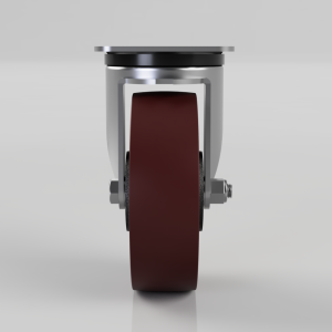 Close-up of a single swivel caster with a burgundy wheel and metal housing on a light gray background.