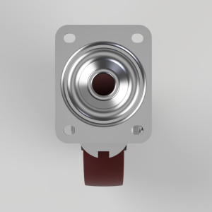 Metallic round push button mounted on a gray square panel with a red actuator below it, likely an industrial switch.