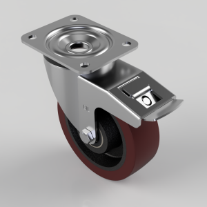 Swivel caster wheel with a metal mounting plate and a side brake lever, red polyurethane wheel, used to attach to furniture or equipment.