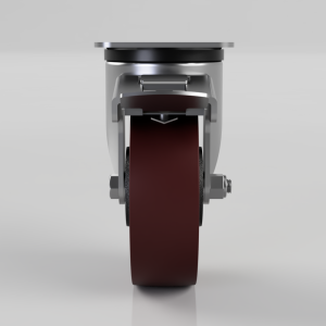 Front view of an industrial caster wheel with a dark red/brown wheel and metal housing, showing the mounting stem and brake components