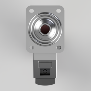 Metallic industrial camera head with a round lens mounted on a gray bracket.