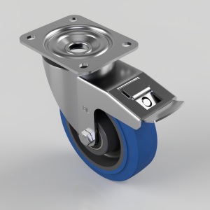 Blue Elastic Rubber 65ShoreA Plate Swivel Braked Castor 160mm 400kg Load