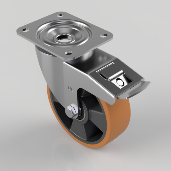 Swivel caster with orange polyurethane wheel, gray metal housing, and a top brake lever; four-hole mounting plate for attachment.