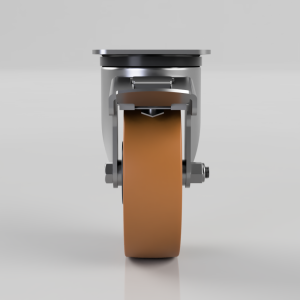 Front view of a metallic caster wheel with an orange polyurethane tire and mounting hardware on gray background.