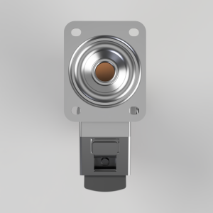 Piezo buzzer/transducer mounted on a square plate with four screw holes and a connector below