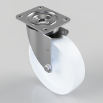Swivel caster wheel with metal mounting plate and brake lever, white polyurethane wheel.
