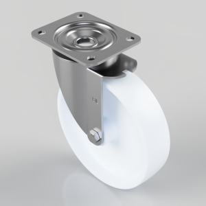 Swivel caster wheel with metal mounting plate and brake lever, white polyurethane wheel.