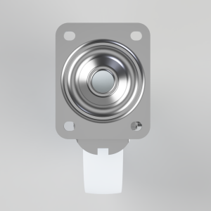 Push-button switch with a round metal actuator mounted on a gray square plate with a white mounting tab
