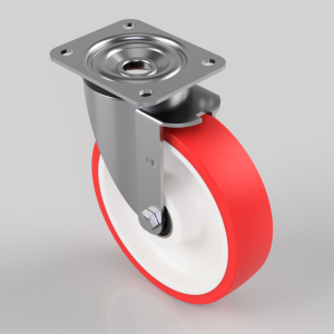 Swivel caster wheel with red polyurethane tire and metal mounting plate, used for carts and equipment.