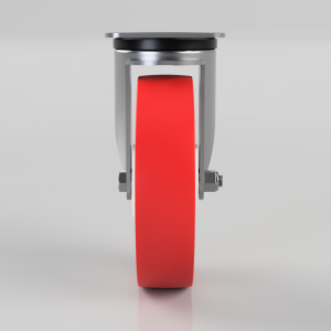 Front view of a red caster wheel with a metal frame and axle bolts