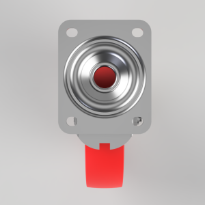 Red push-button switch mounted on a gray square mounting plate with four screw holes, central metallic button shape.